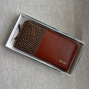 BOSI Colombian Leather Zip Around Wallet Brown Geometric Pattern Pockets NIB